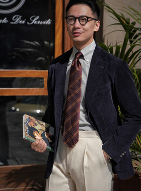 CM那不勒斯皇后藏蓝色羊绒混纺灯芯绒全麻衬商务休闲西服上衣61