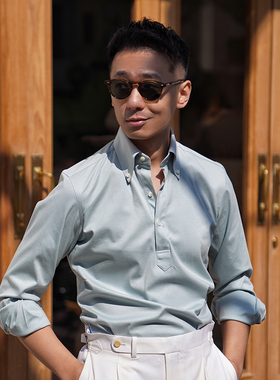 CM那不勒斯皇后碧湾蓝丝麻棉BD领半襟polo款定制长袖衬衫457