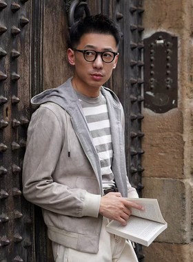 CM那不勒斯皇后岩灰白非洲头层绵羊翻绒羊皮连帽夹克