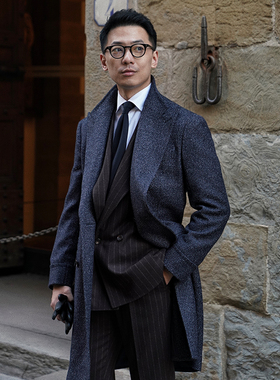 CM那不勒斯皇后经典藏蓝戗驳领羊毛混纺半麻衬中长款马球大衣65