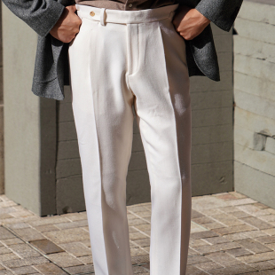 CARMURAT那不勒斯象牙白重磅斜纹羊毛精纺西裤 中高腰休闲长裤