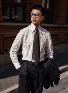 CM那不勒斯皇后米色多股条纯棉洗缩工艺暗扣尖领意式男士衬衫202