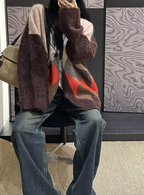 2025冬季新款时尚宽松休闲个性慵懒风马海毛针织毛衣开衫外套女