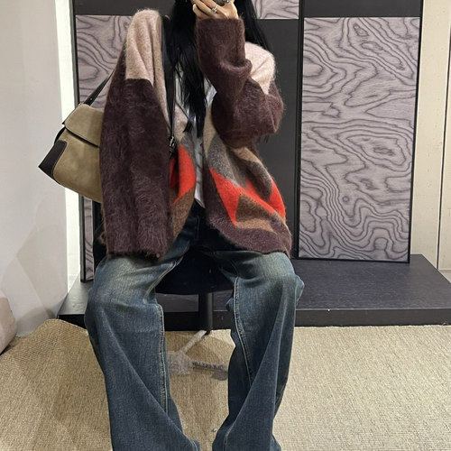 2025冬季新款时尚宽松休闲个性慵懒风马海毛针织毛衣开衫外套女