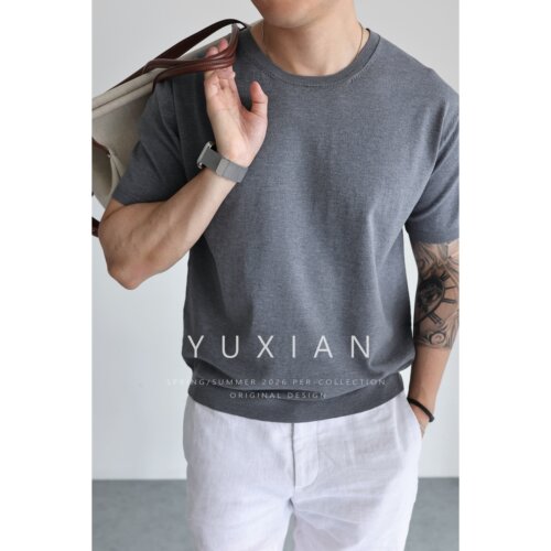 YUXIAN意式醋酸羊毛针织短袖T恤