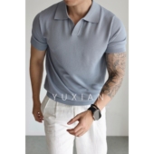 YUXIAN美式 冰丝珠地V领透气复古针织T恤纯色海鸥领短袖 休闲商务夏