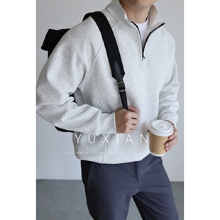 YUXIAN棉质解构设计运动弹力半拉链立领卫衣长袖 套头休闲商务秋冬