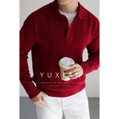 新年圣诞美利奴羊毛V领红色毛衣