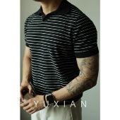 YUXIAN美式 T恤休闲商务翻领春夏季 复古马球条纹POLO衫 男针织短袖