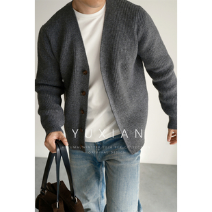 休闲商务针织外套男 复古V领毛衣开衫 YUXIAN冬季 重磅蓬松坑条美式