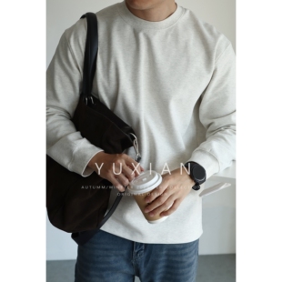 圆领T恤秋冬季 蓄热保暖重磅长绒棉日系碳素磨毛长袖 双面磨毛