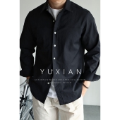 YUXIAN日系酵素洗口袋工装 衬衣春秋 休闲宽松翻领长袖 抗皱衬衫 男士