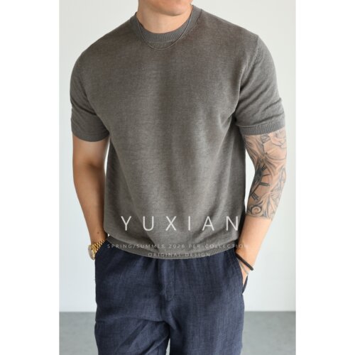 YUXIAN意式高端纯亚麻圆领短袖T