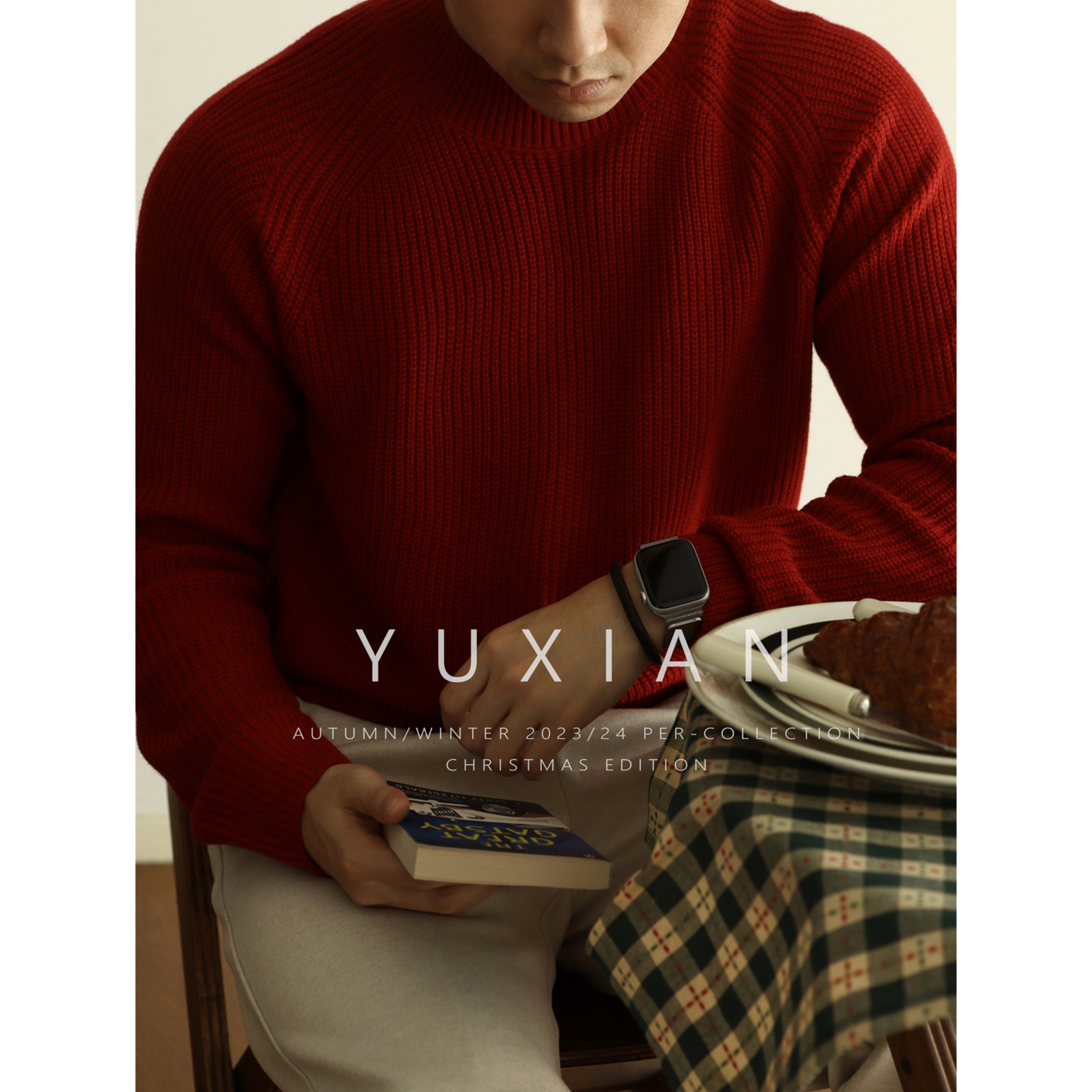 YUXIAN圆领毛衣红色毛衣节日氛围