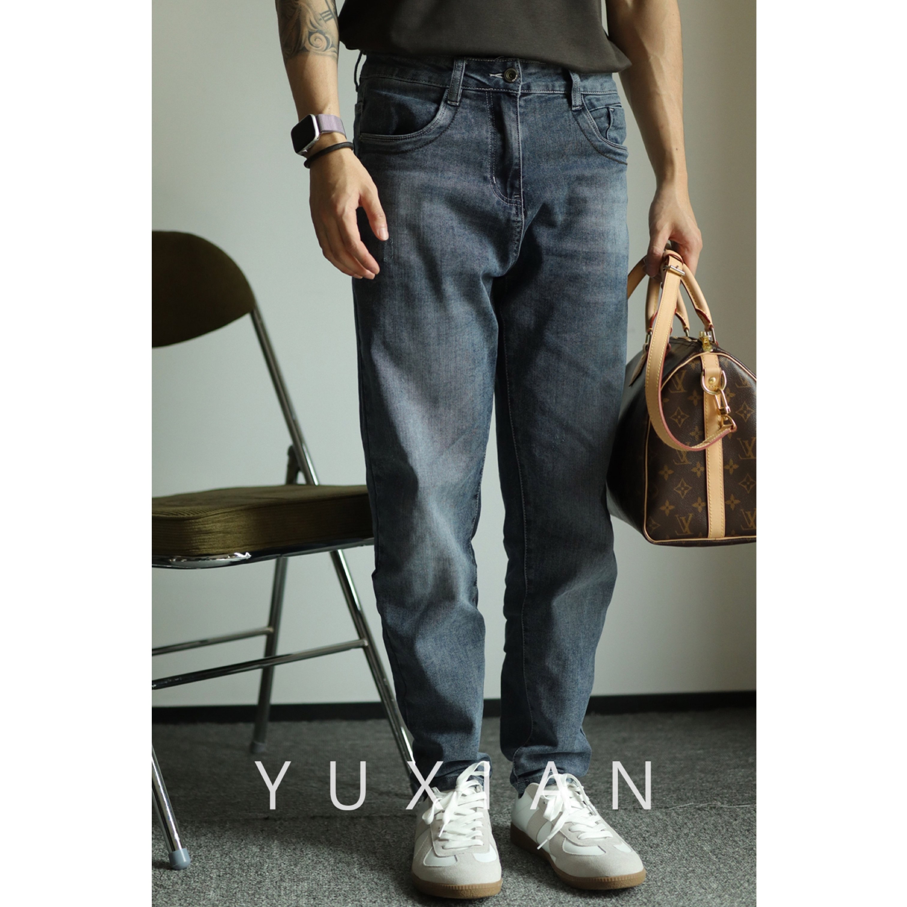 YUXIAN余闲水洗做旧牛仔裤小脚微弹修身长裤休闲春夏流行复古简约