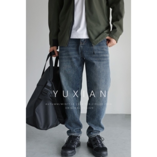 YUXIAN日系锥形水洗纯棉丹宁宽松牛仔裤 春秋 复古直筒休闲长裤