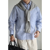 机能休闲衬衣春秋季 YUXIAN日系轻质纯棉廓形宽松口袋条纹长袖 衬衫