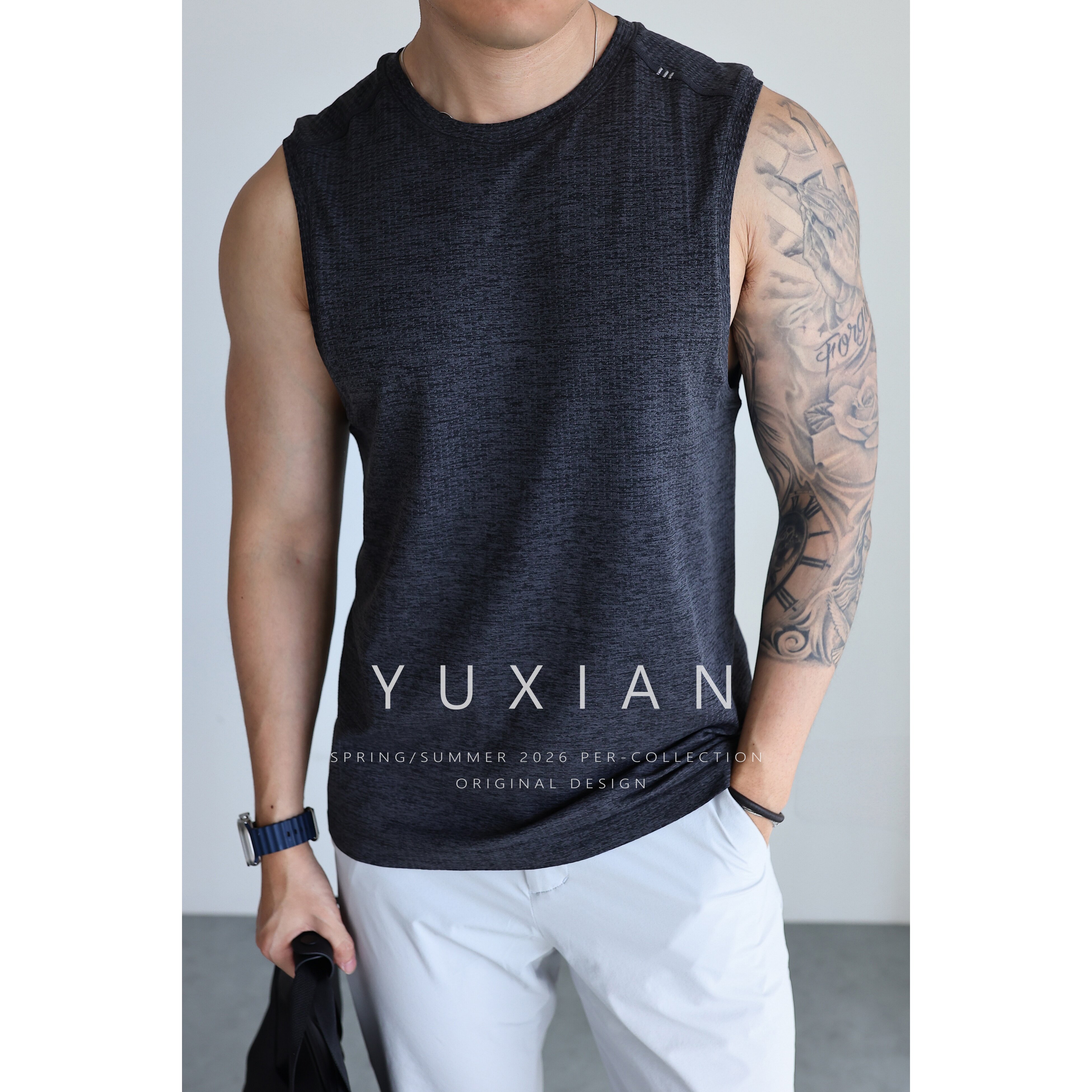 YUXIAN运动无缝提花背心速干透气排汗弹力健身网眼户外圆领男春夏