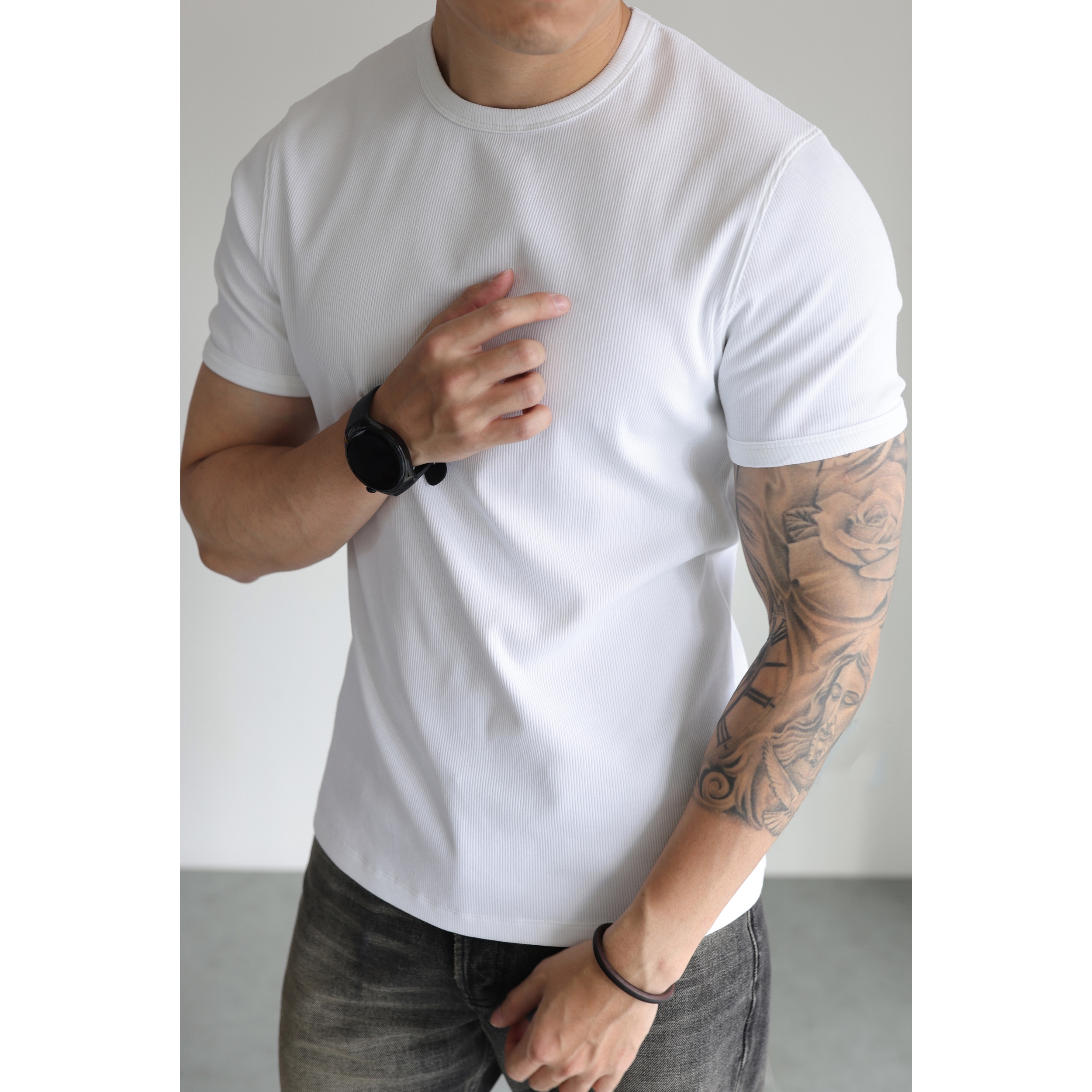 YUXIAN美式螺纹弹力短袖T恤春夏