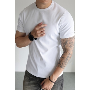 YUXIAN美式螺纹弹力精梳棉纯棉短袖T恤圆领纯色休闲商务硬汉春夏