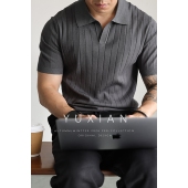 YUXIAN美式 休闲商务翻领T恤春夏男士 复古坑条海鸥V领男士 针织短袖