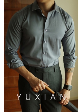 YUXIAN余闲丝绸微弹抗皱免烫长袖衬衫男士商务休闲纯色正装绅士