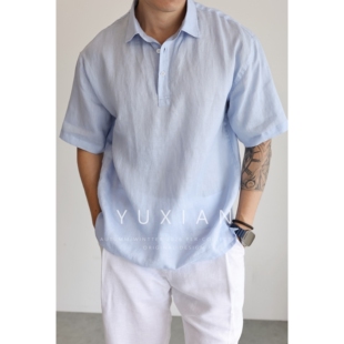翻领透气吸湿休闲通勤男士 意式 亚麻短袖 衬衫 男 春夏季 100%亚麻