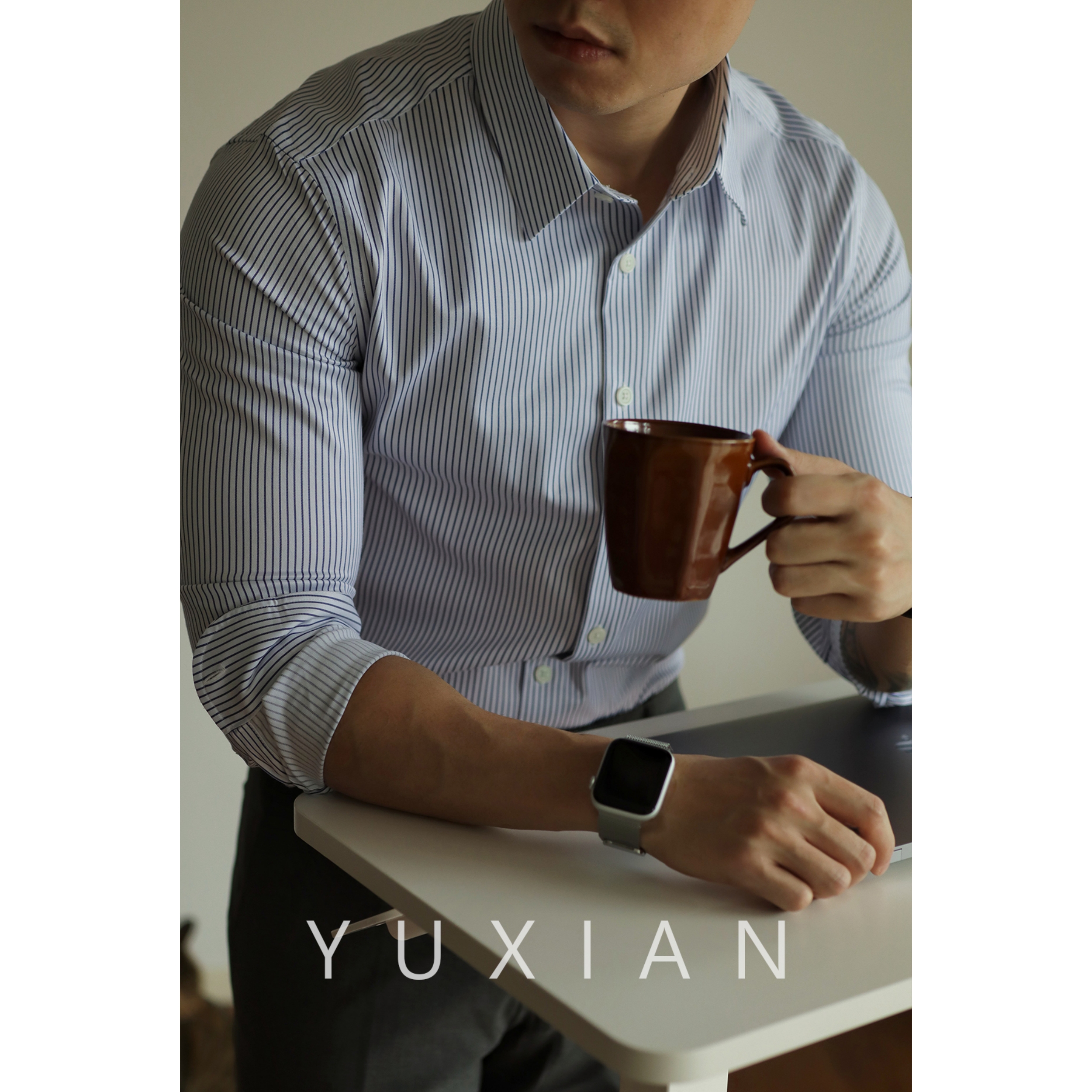 YUXIAN【细腻天丝】条纹抗皱长袖衬衫休闲商务正装男士修身四季款