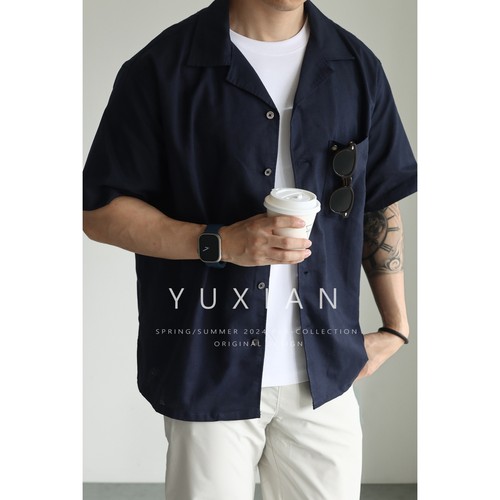 YUXIAN古巴领亚麻棉混纺衬衫短袖