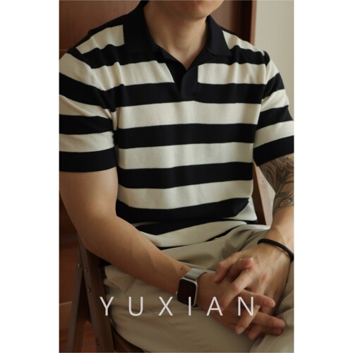 YUXIAN海鸥领复古针织短袖春夏季