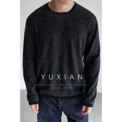 YUXIAN轻盈美丽诺羊毛条纹长袖男