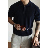 T恤休闲商务复古男士 YUXIAN美式 隐藏门襟翻领针织POLO纯棉短袖 夏
