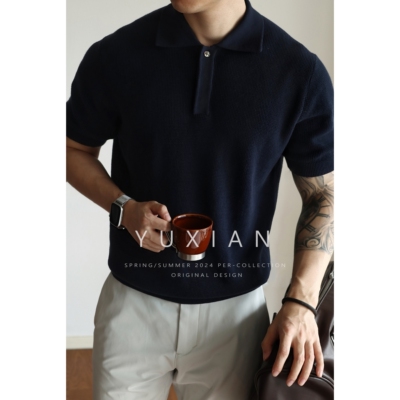 YUXIAN春夏翻领POLO针织短袖