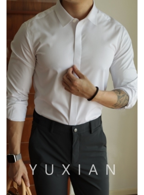 YUXIAN无痕易打理商务免烫抗皱暗扣纯色长袖衬衫休闲上班正装男士
