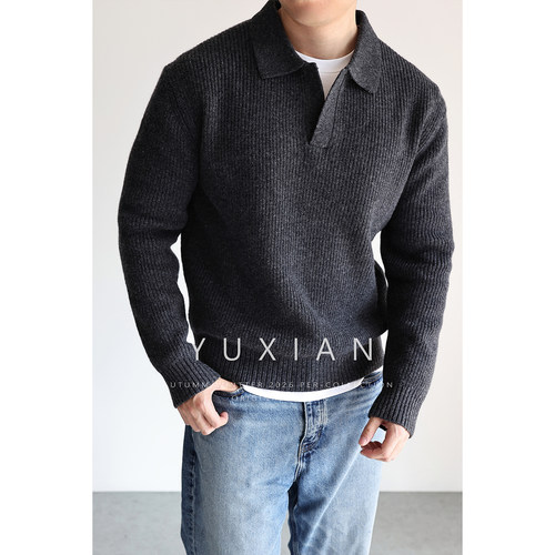 YUXIAN全羊毛海鸥领老钱男士长袖