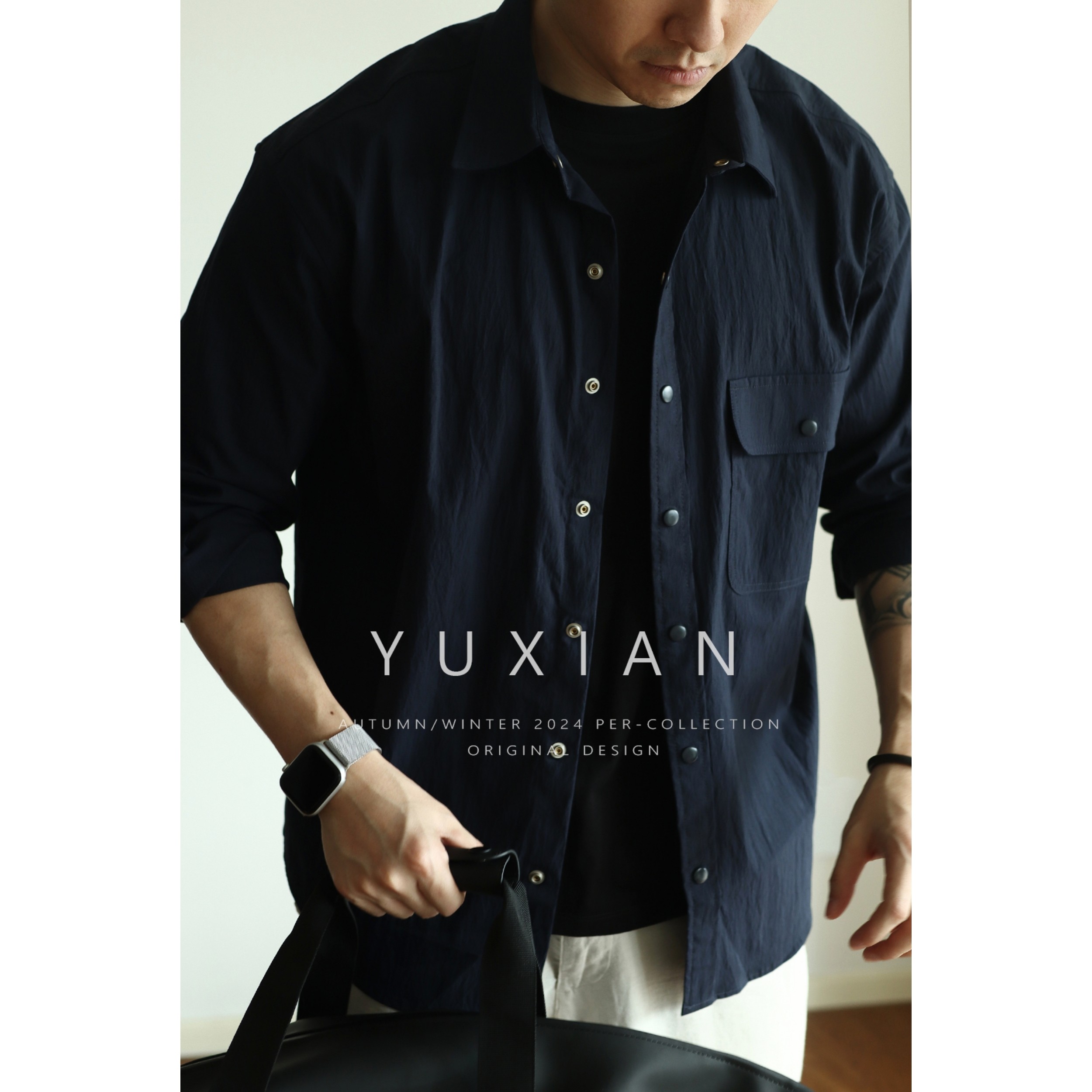 YUXIAN日系轻盈肌理感尼龙织物衬衫外套防晒长袖徐口袋男士春秋季