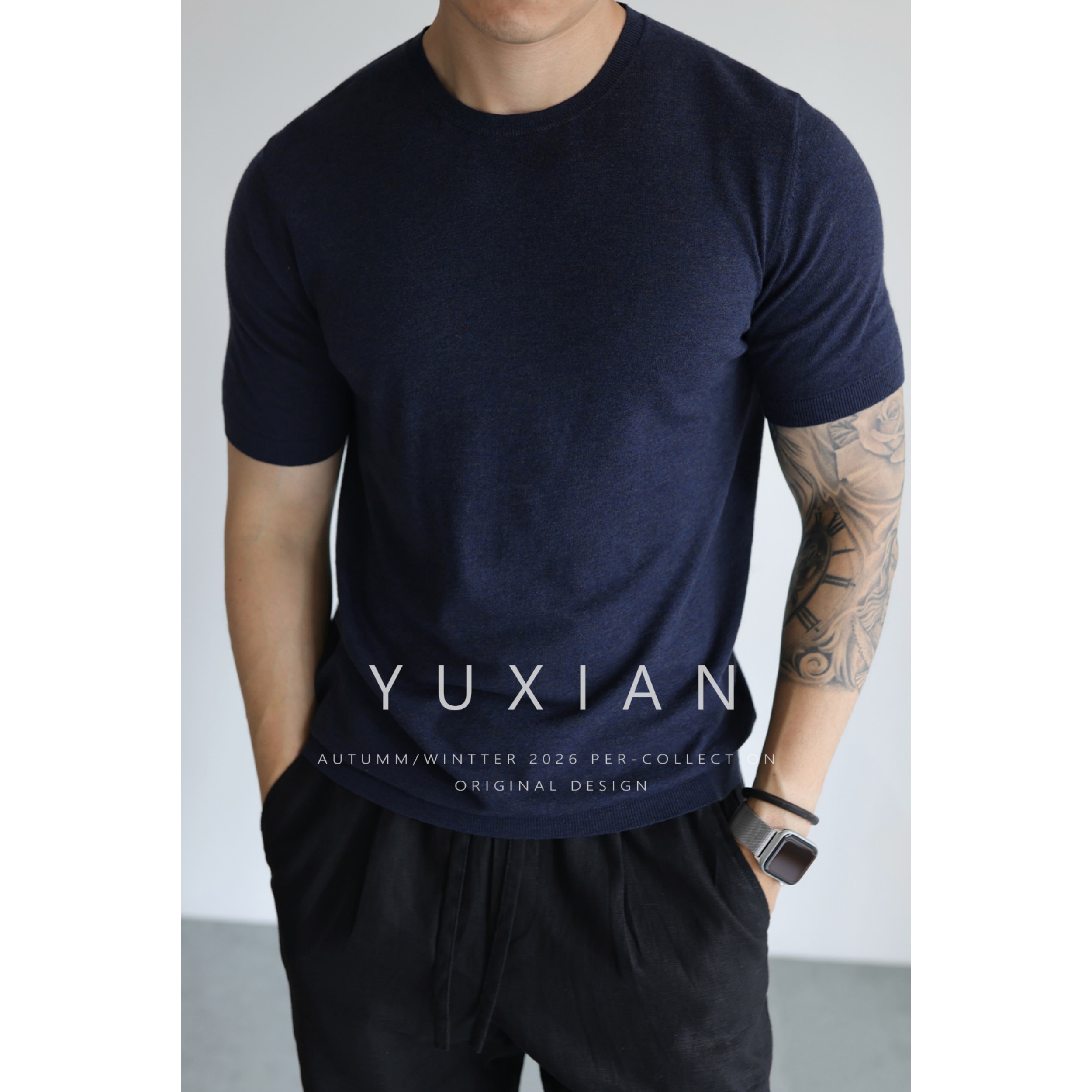 YUXIAN山羊绒复古针织短袖T恤男