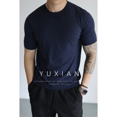 YUXIAN山羊绒复古针织短袖T恤男