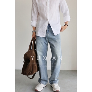款 宽松四季 丹宁阔腿直筒13盎司水洗复古中腰浅蓝牛仔裤 YUXIAN经典