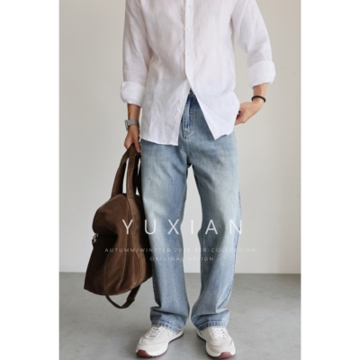 YUXIAN经典丹宁浅蓝水洗牛仔裤