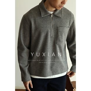 YUXIAN日系翻领半拉链廓形外套休闲宽松简约口袋工装 春秋 夹克男士