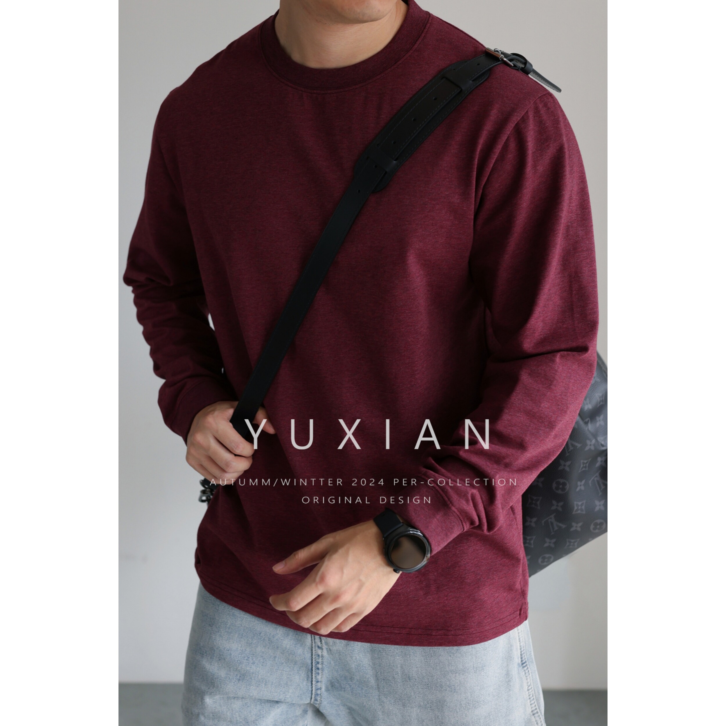 【安可拉红】日系全棉花纱长袖圆领T恤宽松打底休闲百搭纯色情侣