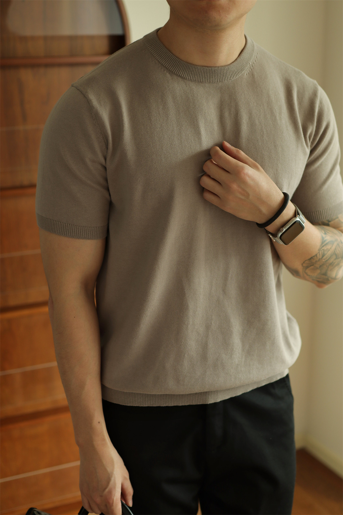 thumbnail for Yuxian Pure Cotton Yarn Knitted Men's Short-Sleeved T-Shirt Round Neck Solid Color Base Layer Simple Work Clothing Casual Business Spring and Summer