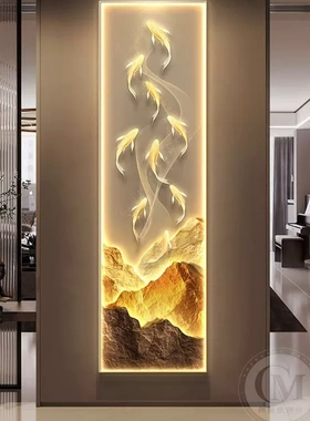 现代玄关装饰画竖版长条壁灯高档九鱼图客厅走廊过道挂画