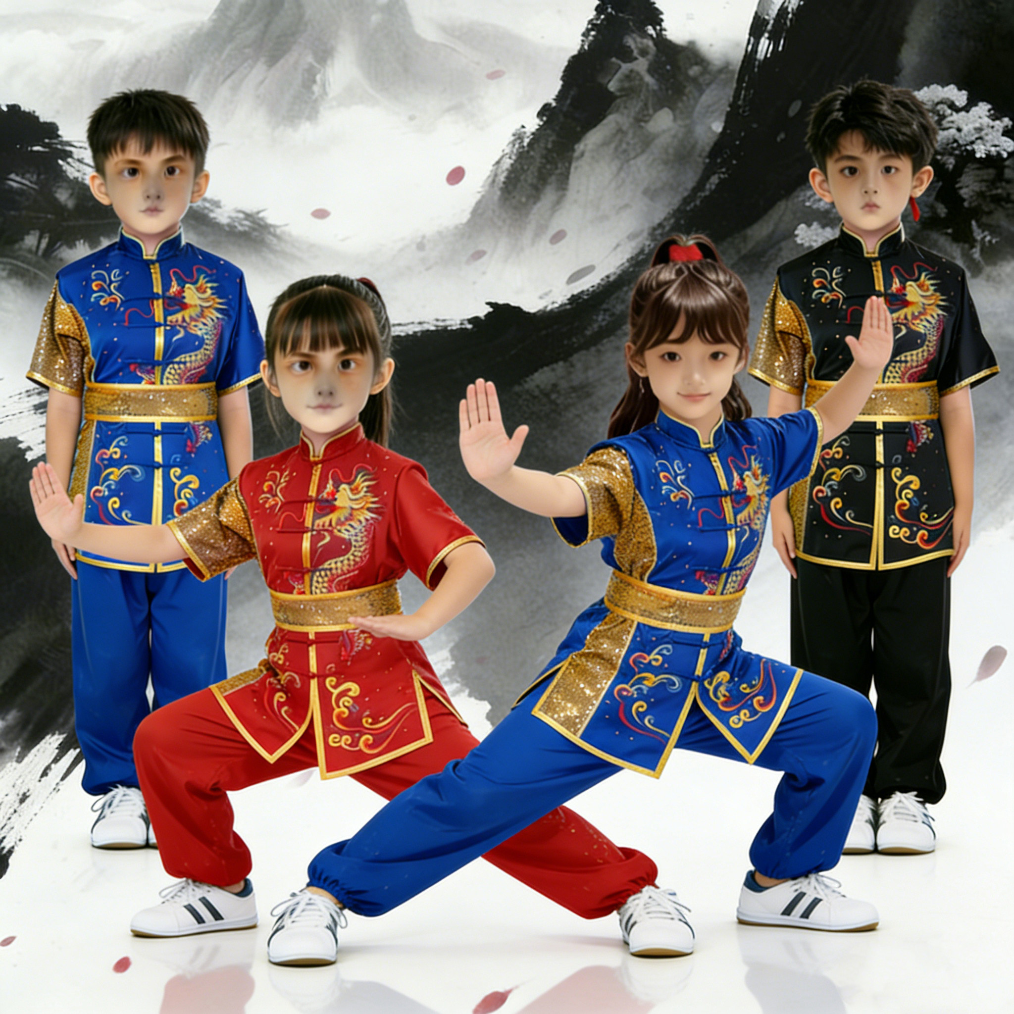 新款武术服刺绣儿童武术表演服装男女童太极服小学生练功服演出服