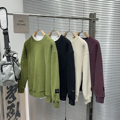 日系复古纯色圆领卫衣男士宽松无帽美式重磅长袖秋冬加厚保暖上衣