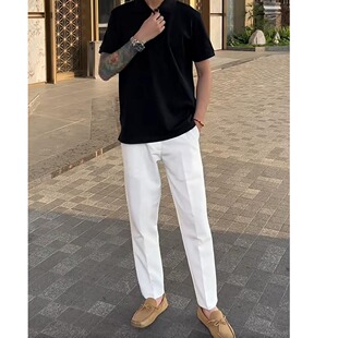网红痞帅白色西裤男潮牌薄款九分裤修身小西装裤子男士黑色小脚裤
