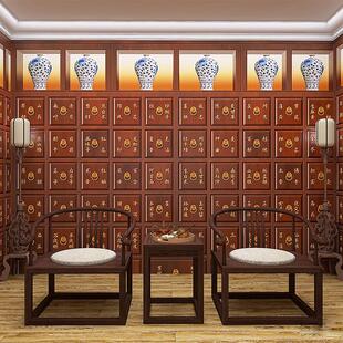 3D传统中式药房药柜墙纸按摩养生馆中医院展厅直播间背景墙布壁纸