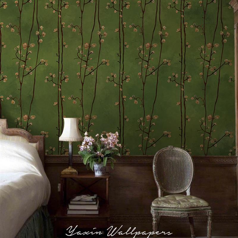 绿色油画花卉壁纸法式复古墙纸卧室客厅墙布电视背景餐厅民宿壁画图片