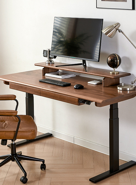 北美黑胡桃木电动升降桌智能实木办公书桌站立式电脑桌电竞工作台